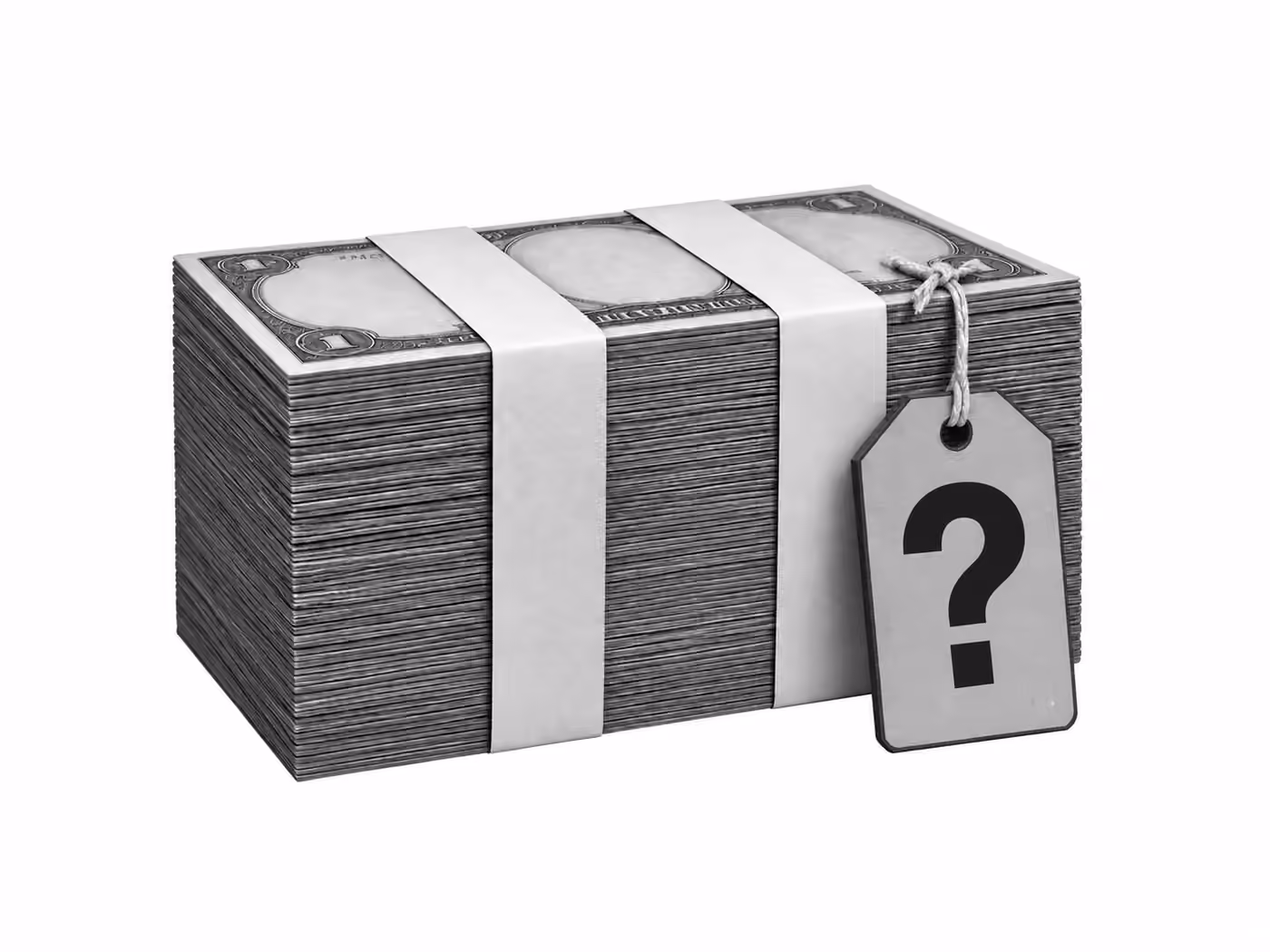 A price tag marked with a question mark hanging from a brick of cash.