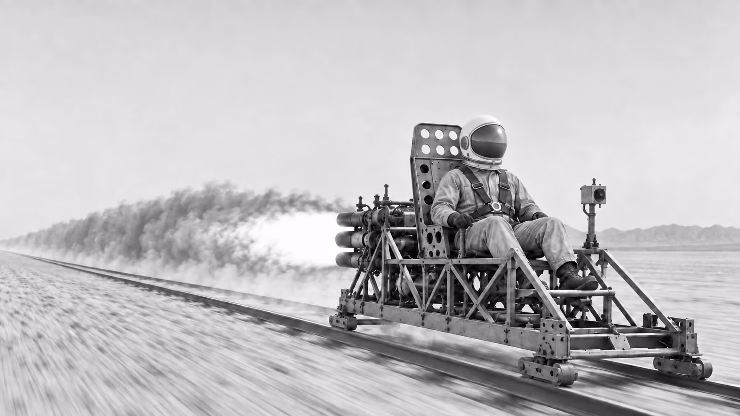 A person in work clothes and an astronaut helmet with an opaque visor rides a rocket sled across the desert, trailing exhaust.